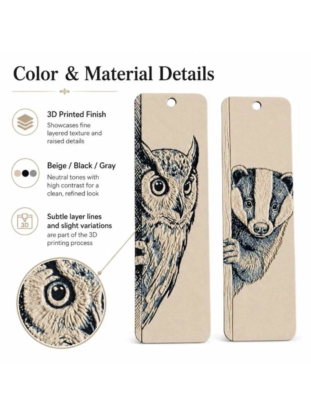 3D Printed Bookmark Set Owl & Badger Animal Bookmarks 6